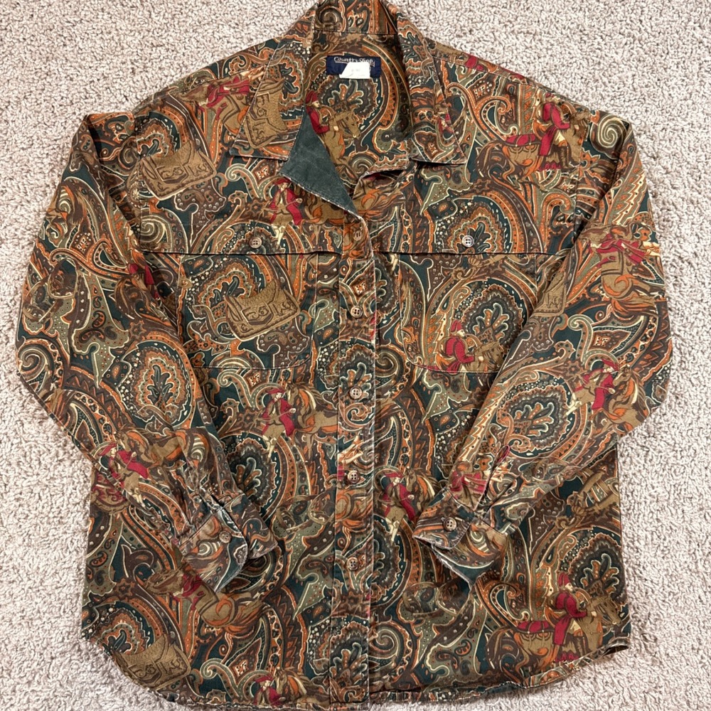 Vintage Country Shop Button Front Shirt Mens M Brown Paisley Equestrian Good USA